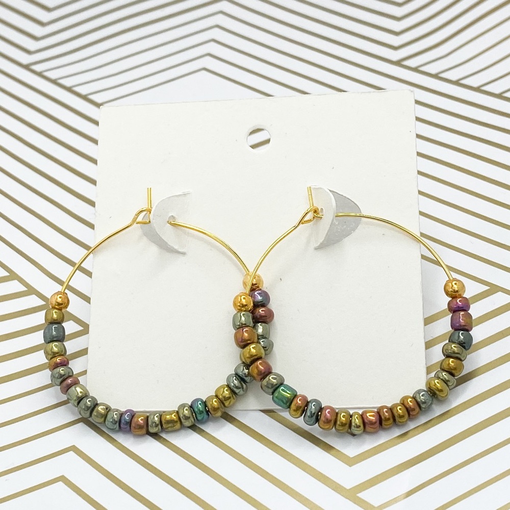 Gold earrings multi color beaded hoops